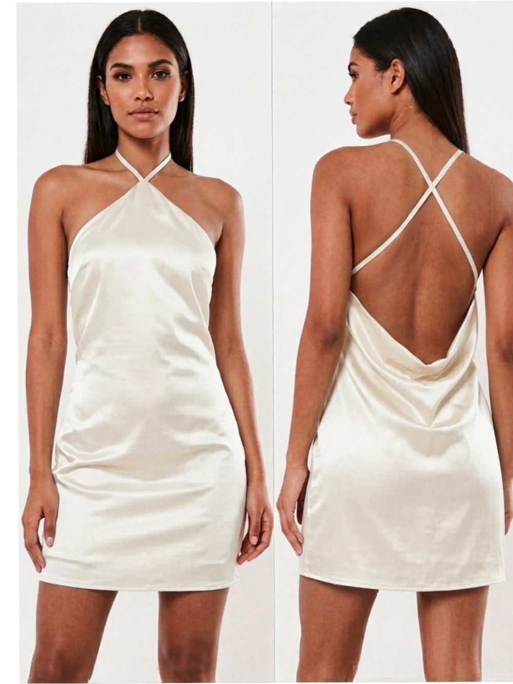 ⚡️2 for $38 NEW Missguided Satin Halter Cowl Back Mini Dress - Cream